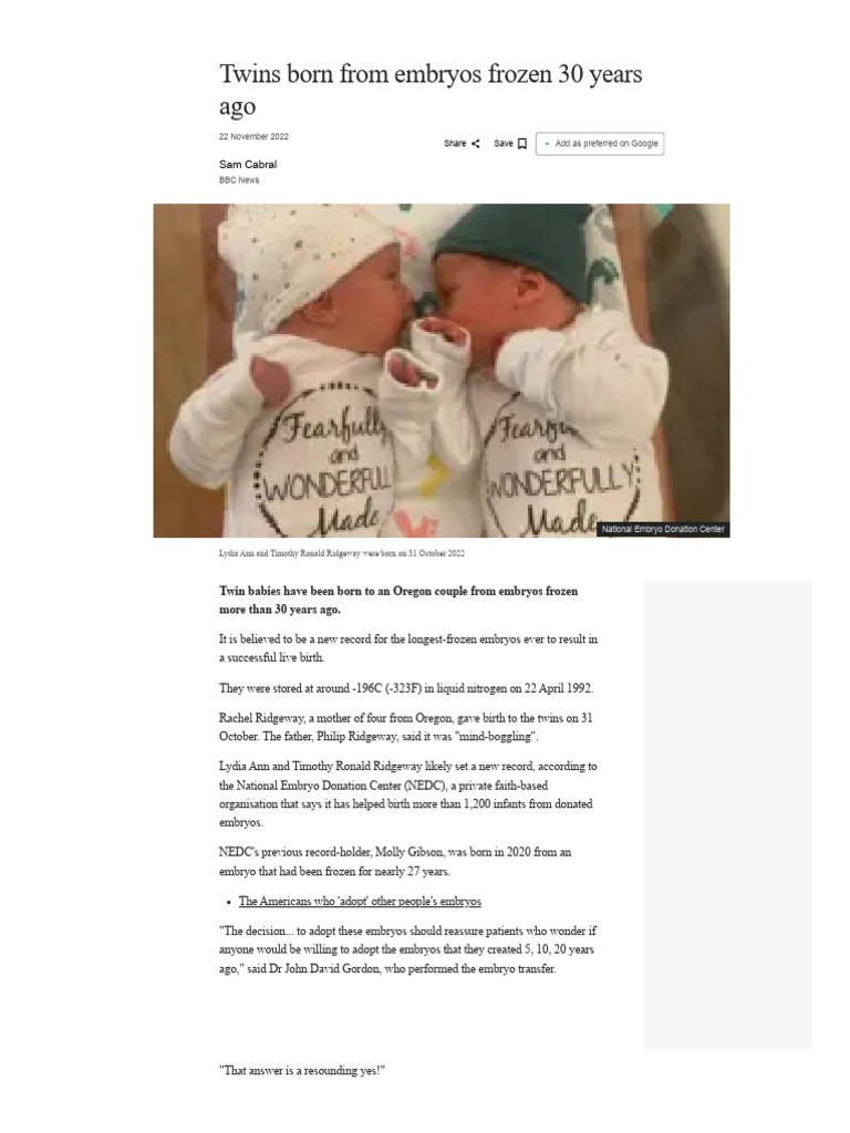 IVF Article 3 - Twins Born From Embryos Frozen 30 Years Ago | PDF | In ...
