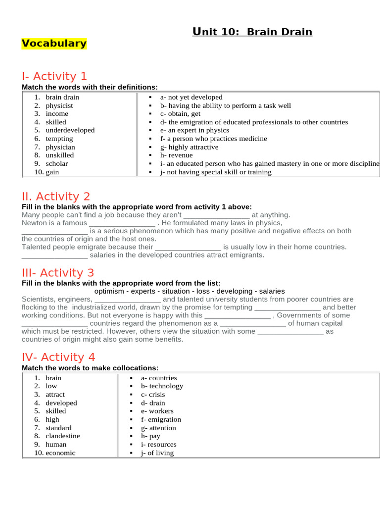 Unit 10 Vocabulary | PDF | Human Capital Flight