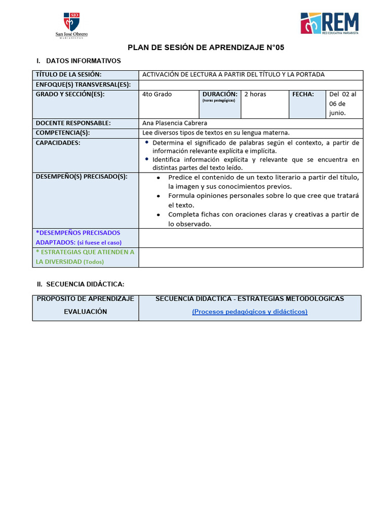 PLAN de SESIÓN de APRENDIZAJE 09_Plan Lector Antes de La Lectura | PDF ...