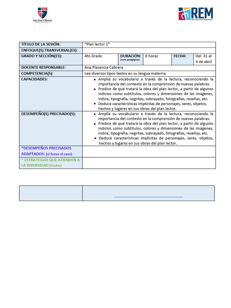 Plan de Sesión de Aprendizaje 03_plan Lector | PDF | Aprendizaje ...