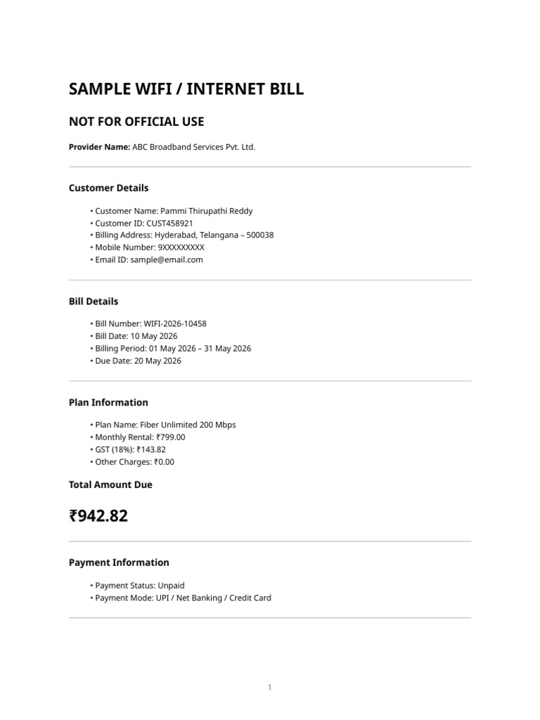 Sample Wifi Bill Template India | PDF