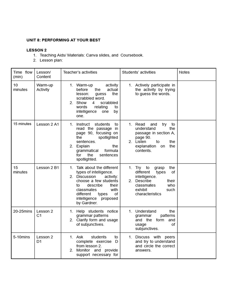 LESSON PLAN UNIT 8 | PDF | Learning | Grammar