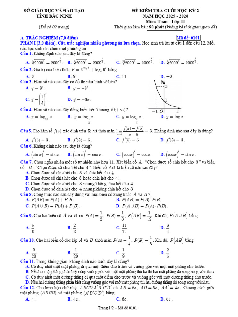 De Kiem Tra Cuoi Hoc Ky 2 Toan 11 Nam 2025 2026 So Gddt Bac Ninh | PDF
