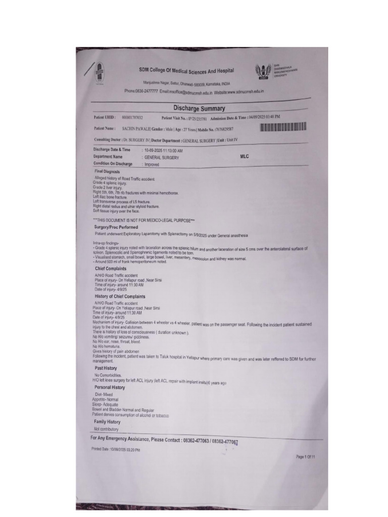 Sachin Discharge Summary | PDF