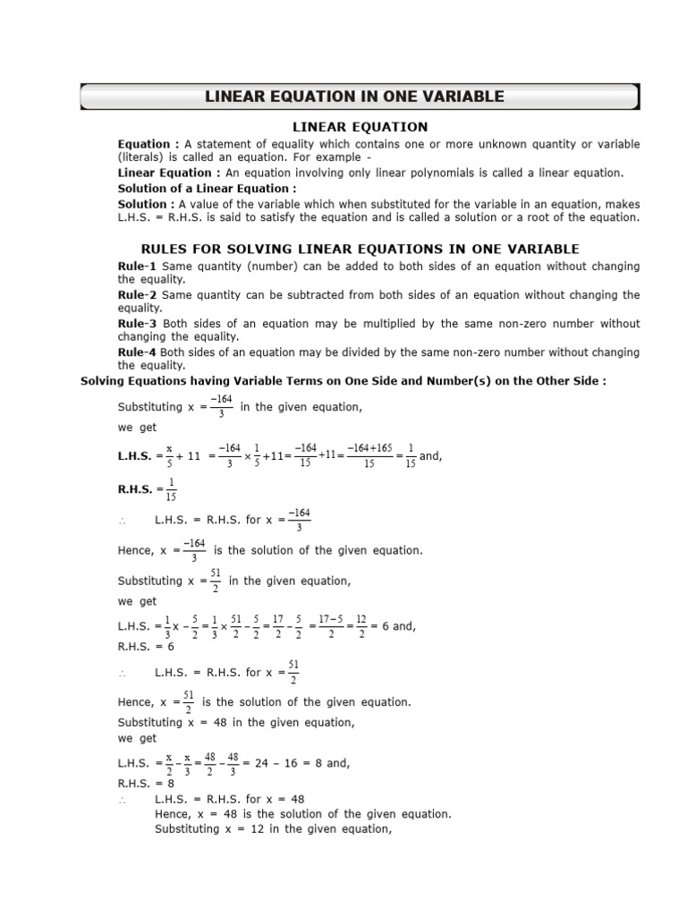 5. Linear Equation in One Variable [Done] | PDF | Equations | Rational ...