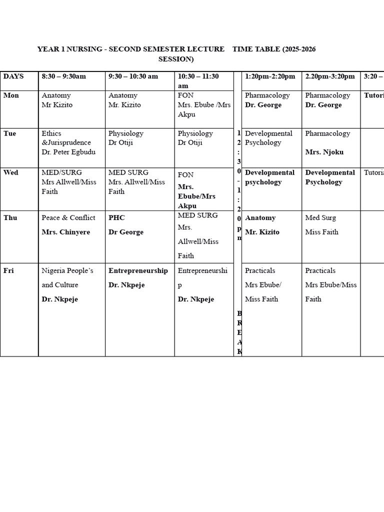 Second Semester Timetable Year 1 2026 1 | PDF
