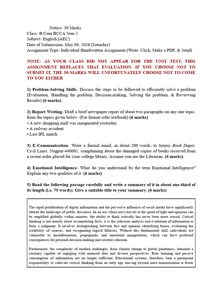 Assignment Notice- 30 Marks | PDF | Critical Thinking | Thought