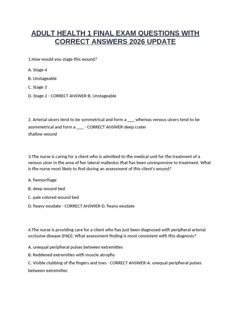 Adult Health 1 Final Exam Questions With Correct Answers 2026 Update ...