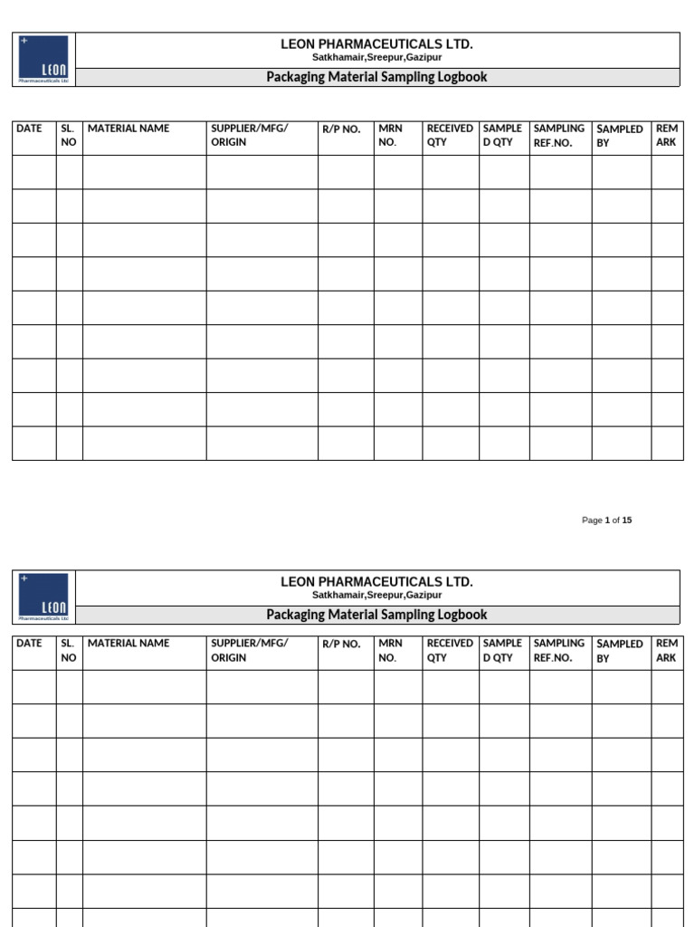 Packeging Sampling Log Book | PDF