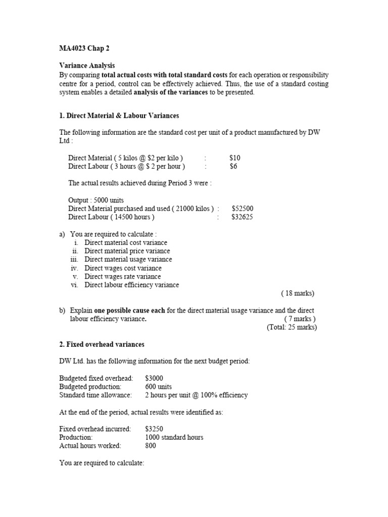 1. Variance Analysis Example & Exercises Print | PDF | Variance | Cost