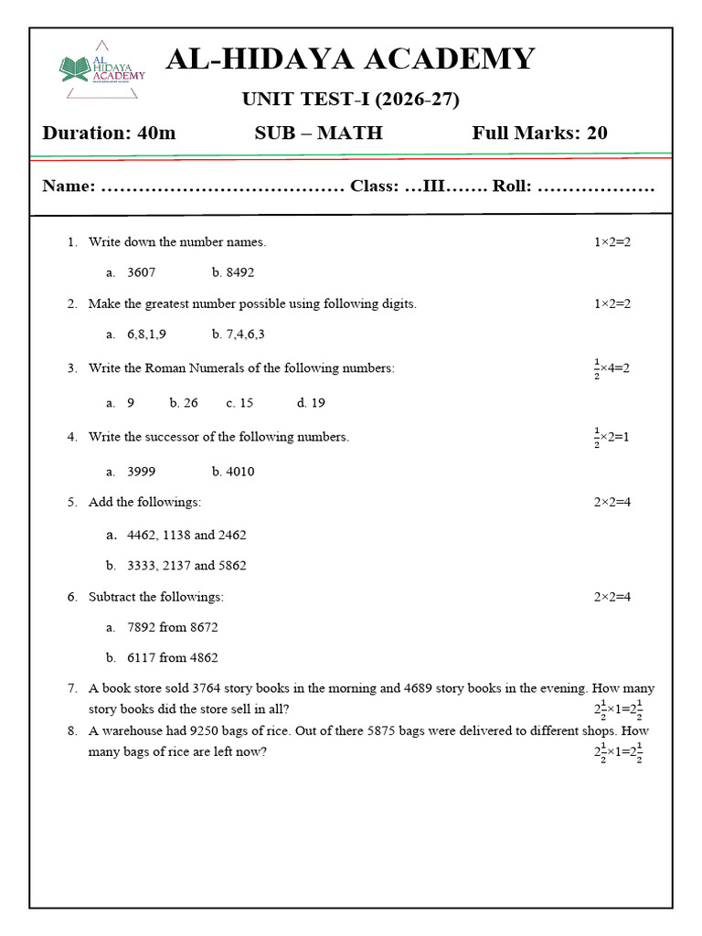 Class3 Ut II Math Qp | PDF