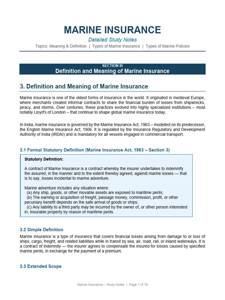 Marine Insurance Notes | PDF | Insurance | Ships