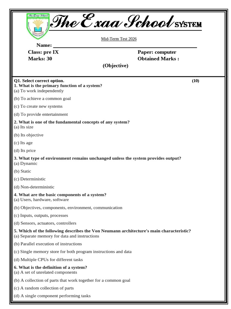 Mid-term sample paper class 3 2026 | PDF | System | Central Processing Unit