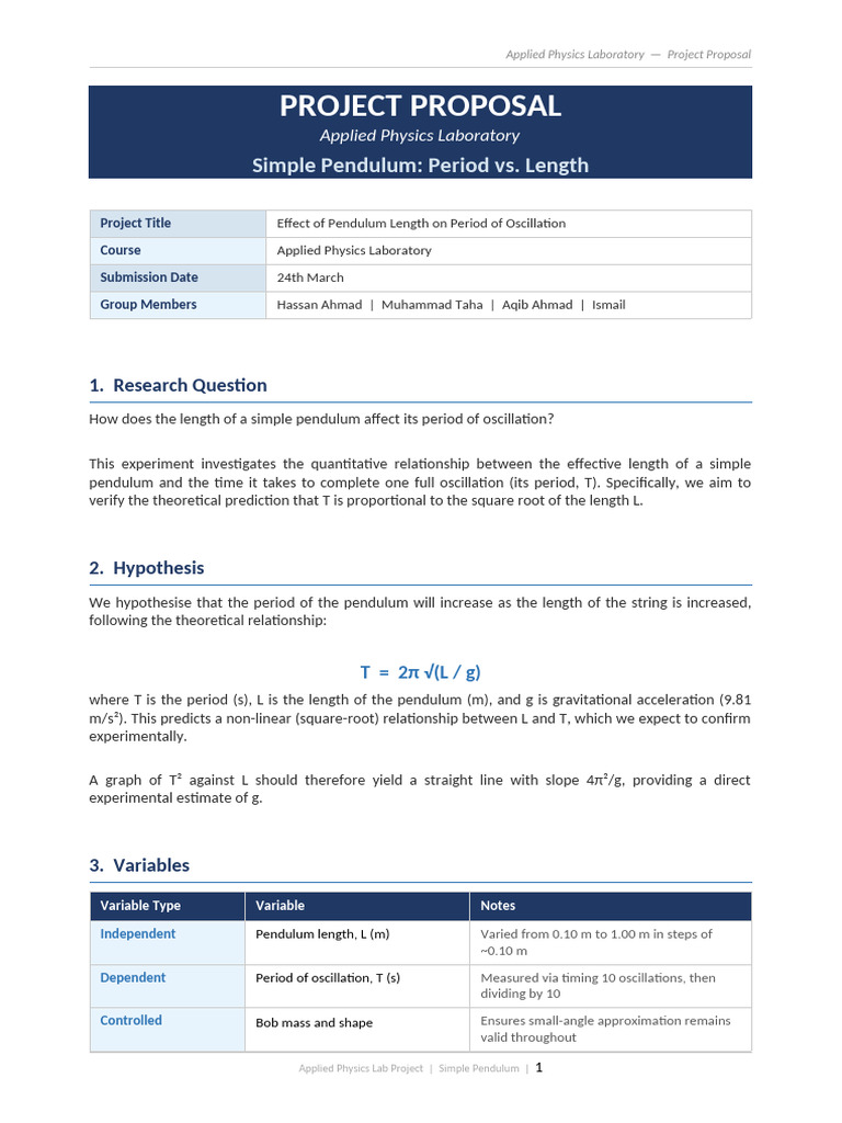Pendulum Project Proposal | PDF | Pendulum | Physics