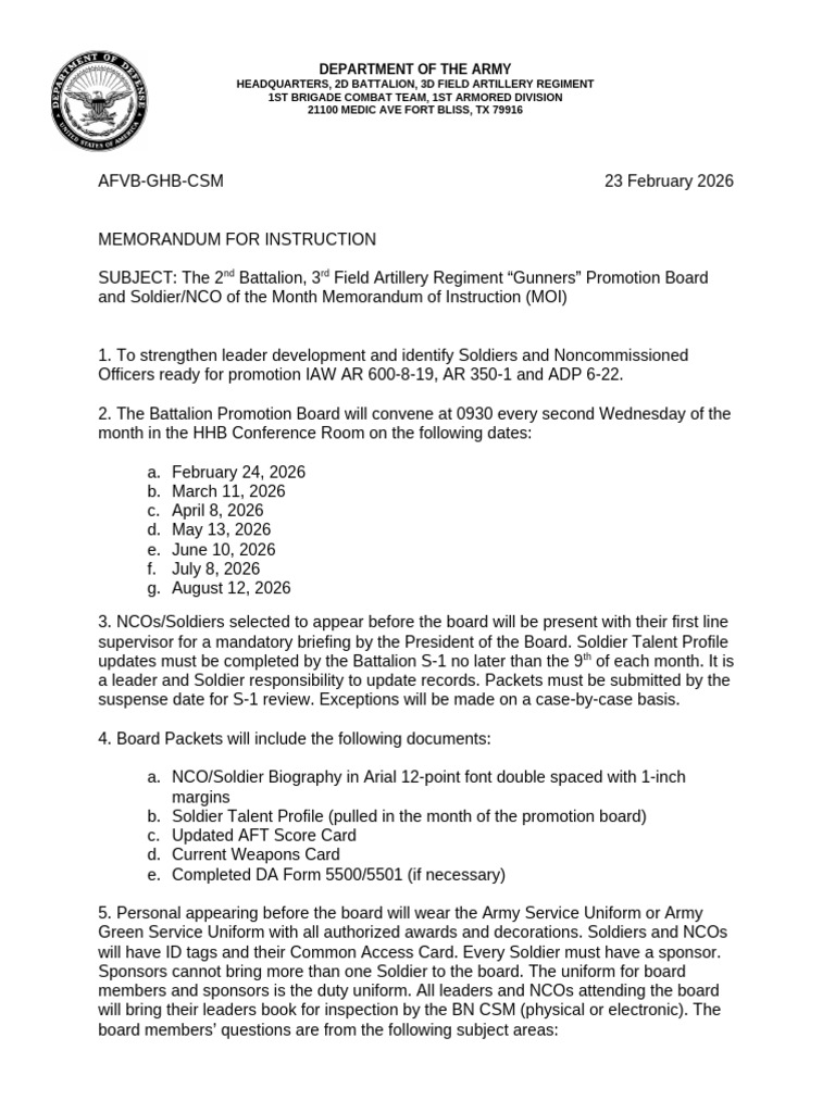 2-3 FA Promotion Board MOI | PDF | Non Commissioned Officer | Battalion