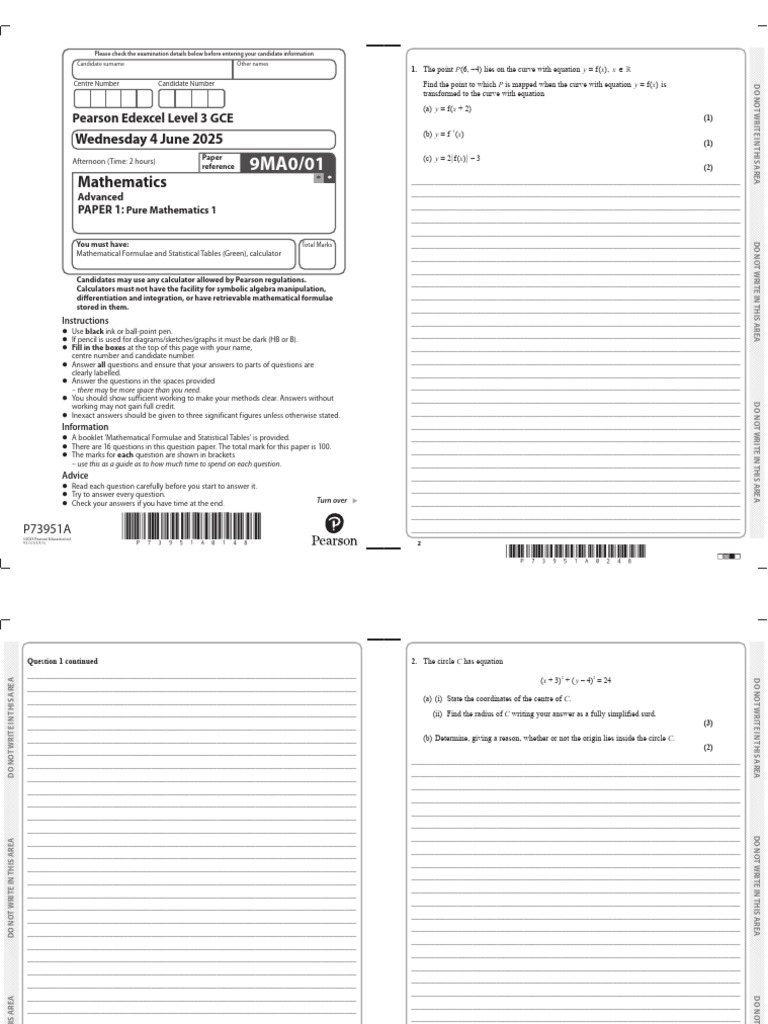 Pure paper 1 2025 m | PDF | Area | Mathematics