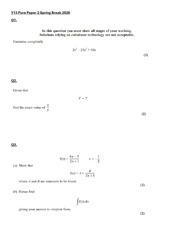 Pure Paper 2 Y13 Spring Break 2026 FINAL Questions | PDF