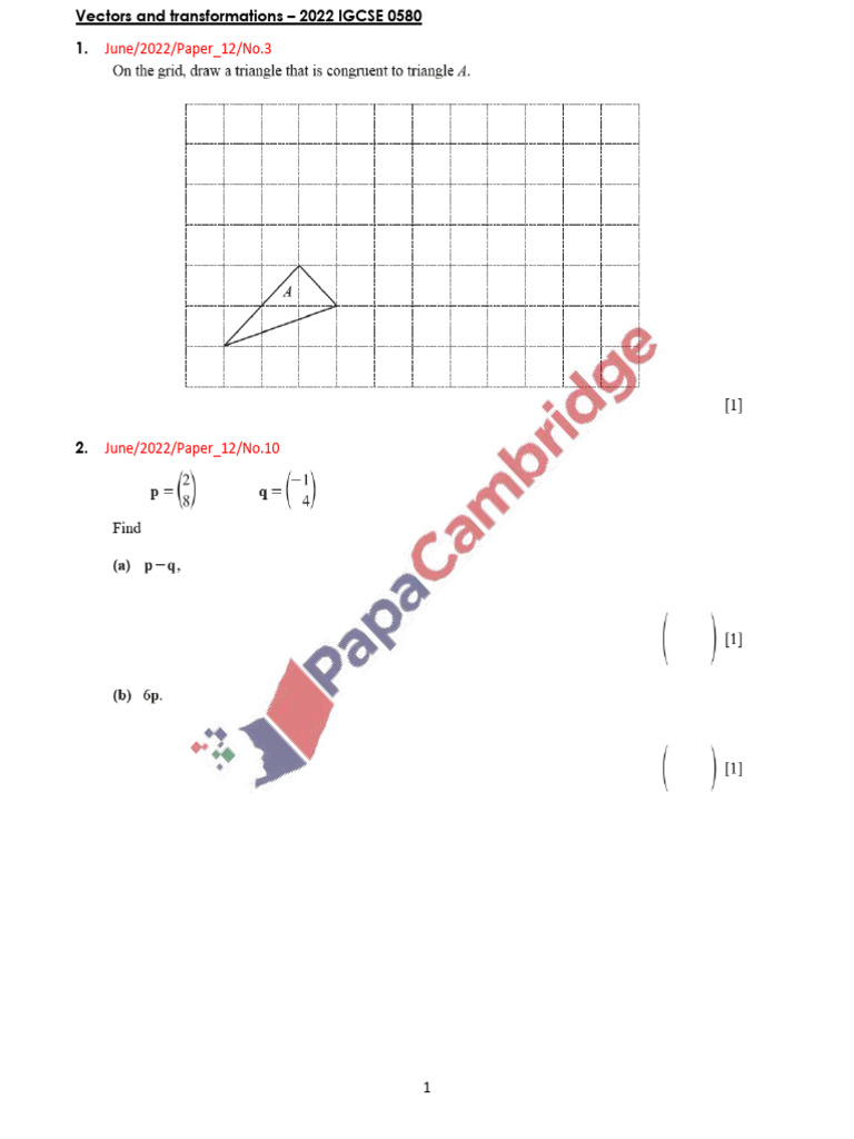 2022 Vectors and Transformations IGCSE 0580 | PDF