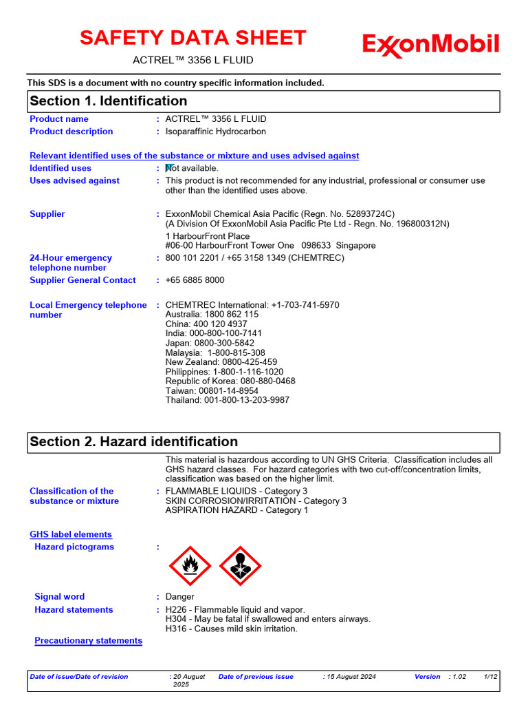 MSDS-ACTREL™ 3356 L FLUID | PDF | Firefighting | Firefighter