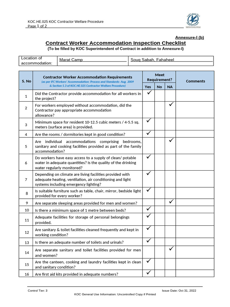 KOC.he.025.Annexure-1b - Contract Worker Accommodation Inspection ...