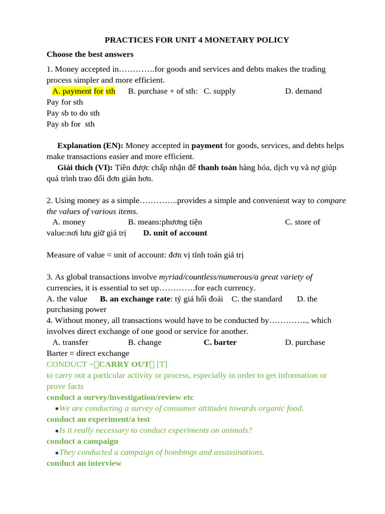 Practices for Unit 4 Monetary Policy for Students | PDF | Money ...