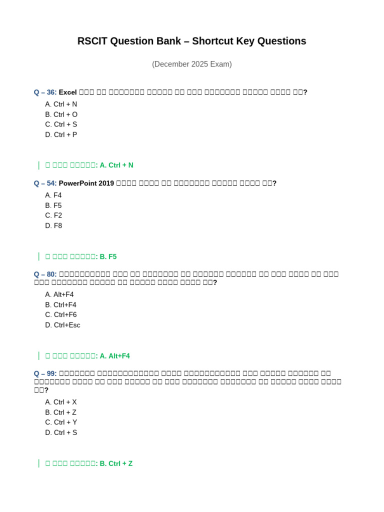 RSCIT Shortcut Key Questions | PDF