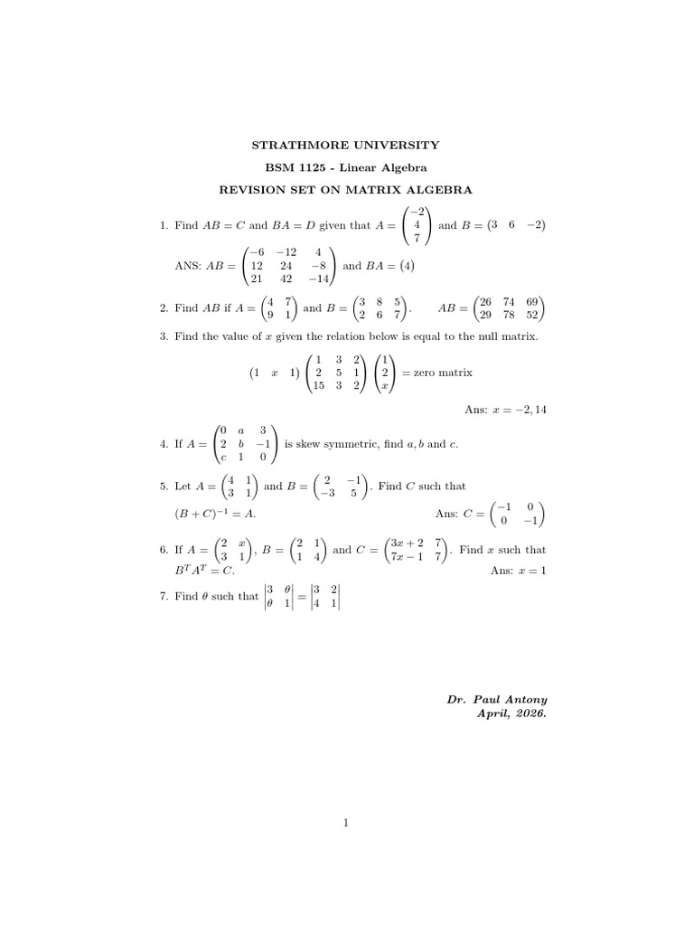 Revision Set on Matrix Algebra | PDF