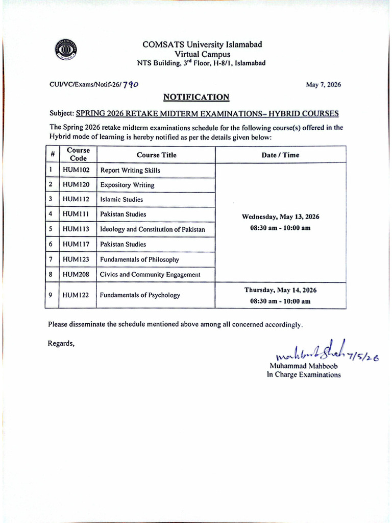 Notification Spring 2026 Retake Midterm Examinations– Hybrid Courses | PDF