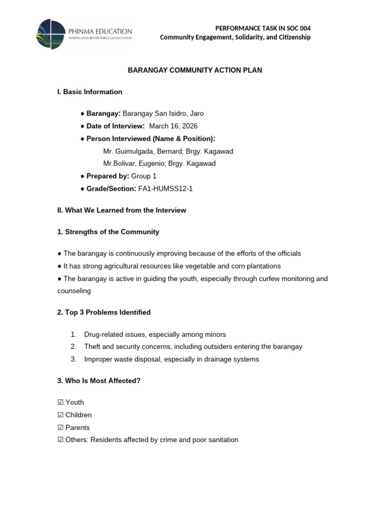 Barangay Community Action Plan (1) | PDF