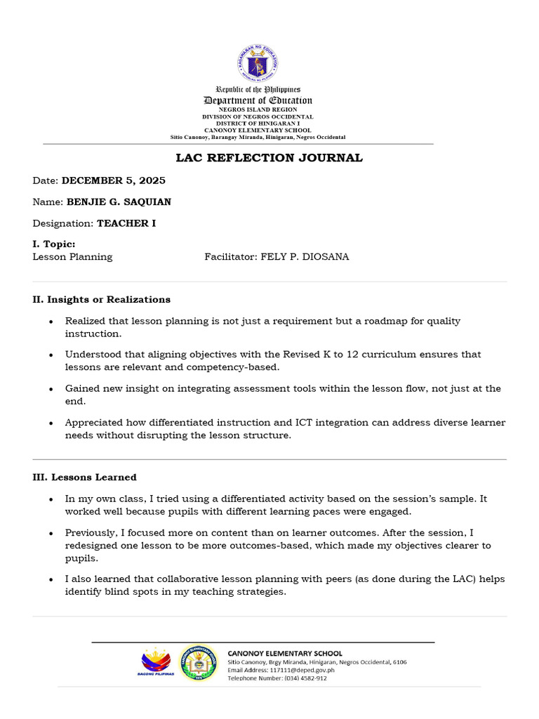 LAC Reflection Journal-PMES Portfolio Attachment | PDF | Lesson Plan ...