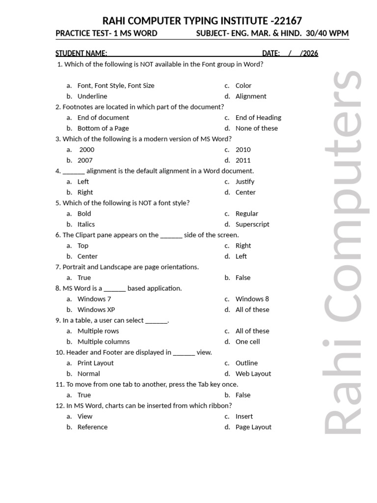 Ms Word 1st Test English | PDF | Microsoft Word | Typefaces