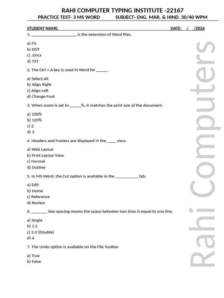 Ms Word 3rd Test 2026 English | PDF | Microsoft Word | Computing