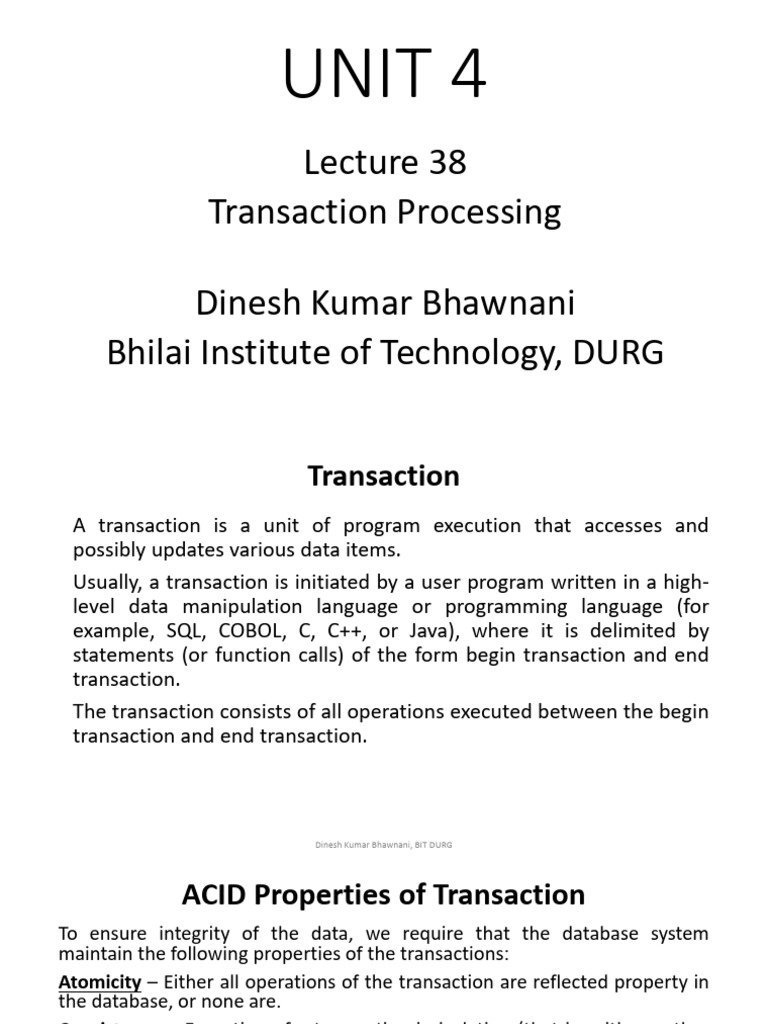 DBMS Lec 38 Transaction | PDF | Database Transaction | Acid