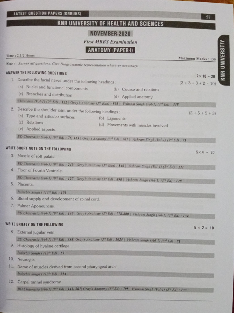 Anatomy 2020 Question Paper | PDF | Anatomy | Human Anatomy