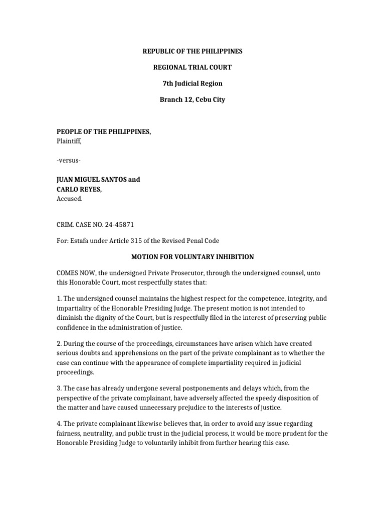 Motion for Voluntary Inhibition | PDF | Government | Legal Procedure