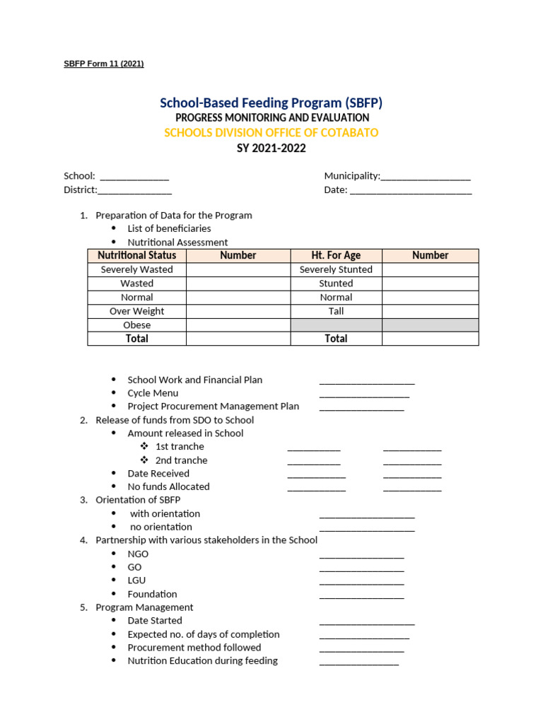 SBFP Form 11 Monitoring Tool | PDF | Chess | Chess Theory