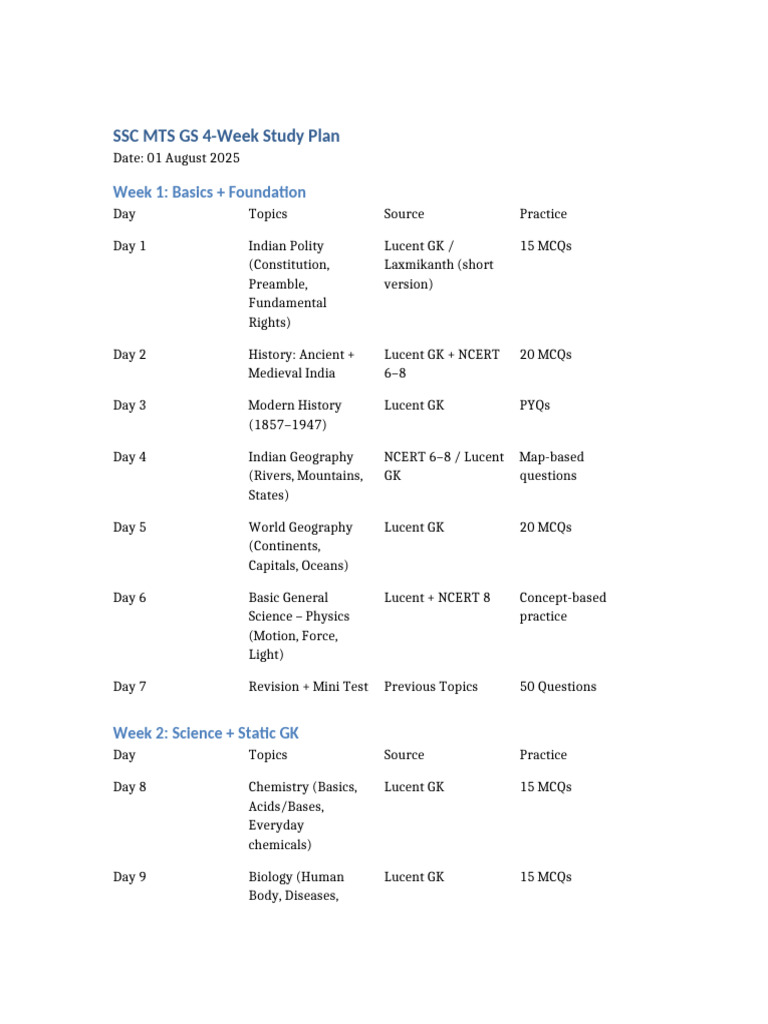Ssc Mts Gs Study Plan | PDF