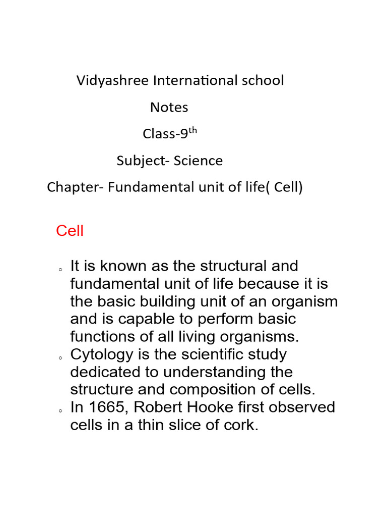 Class 9 Bio CH 1 Notes | PDF | Cell (Biology) | Cell Nucleus