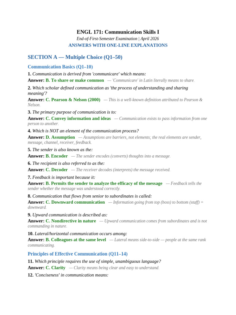 ENGL171 2026 Answers | PDF | Nonverbal Communication | Communication