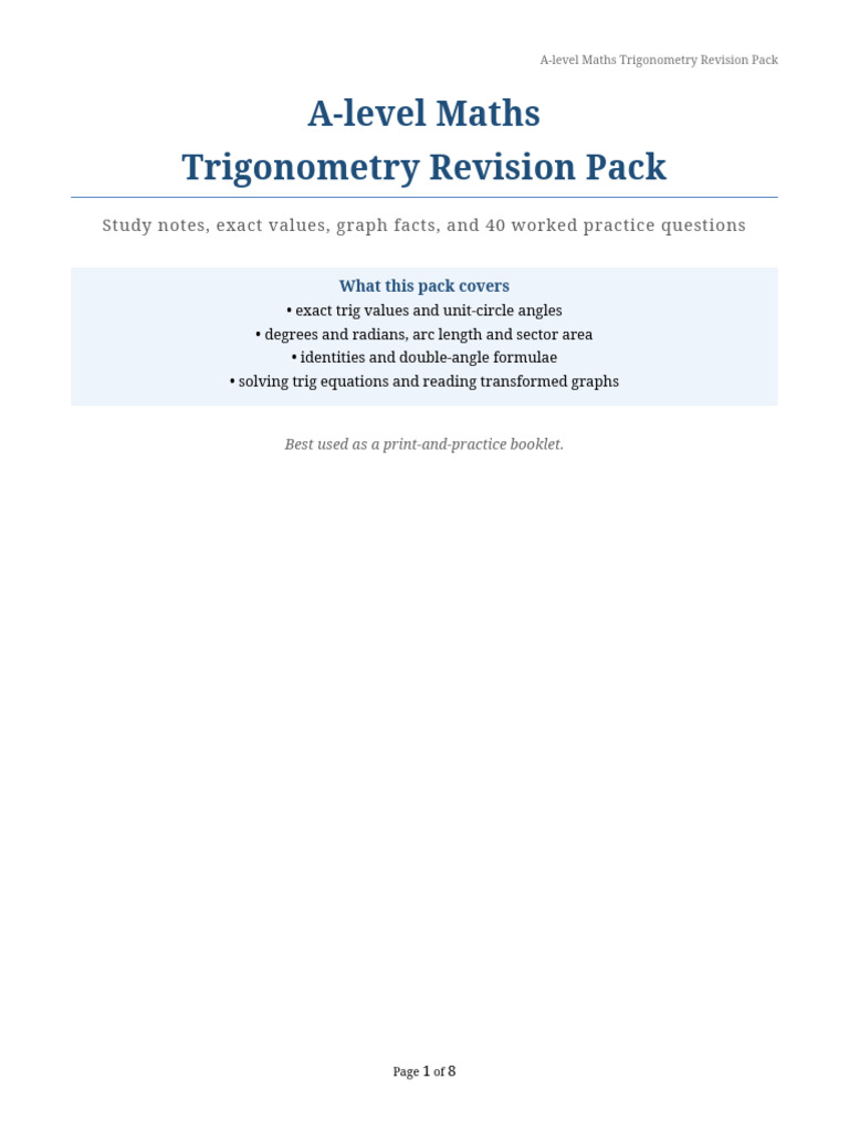 A Level Trigonometry Revision Pack Printable | PDF | Trigonometry ...