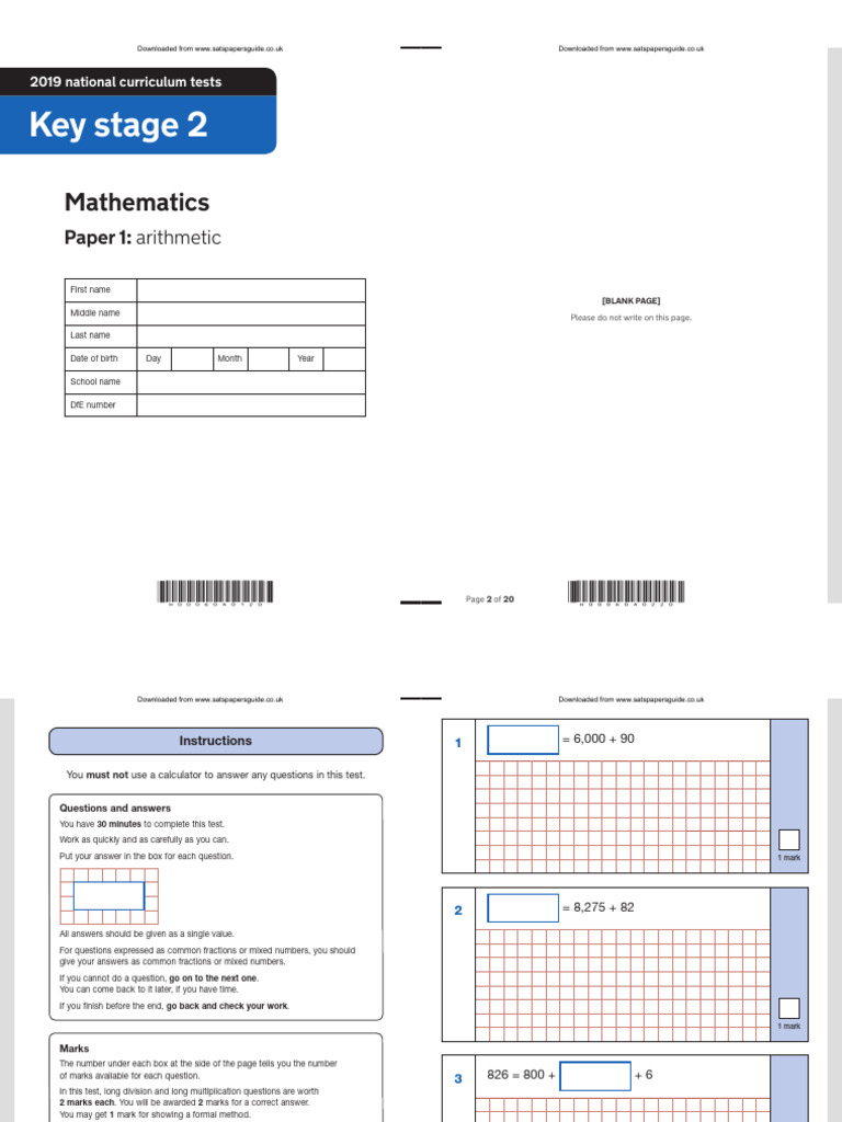 2019 SATs Arithmetic Paper | PDF | Copyright | Numbers