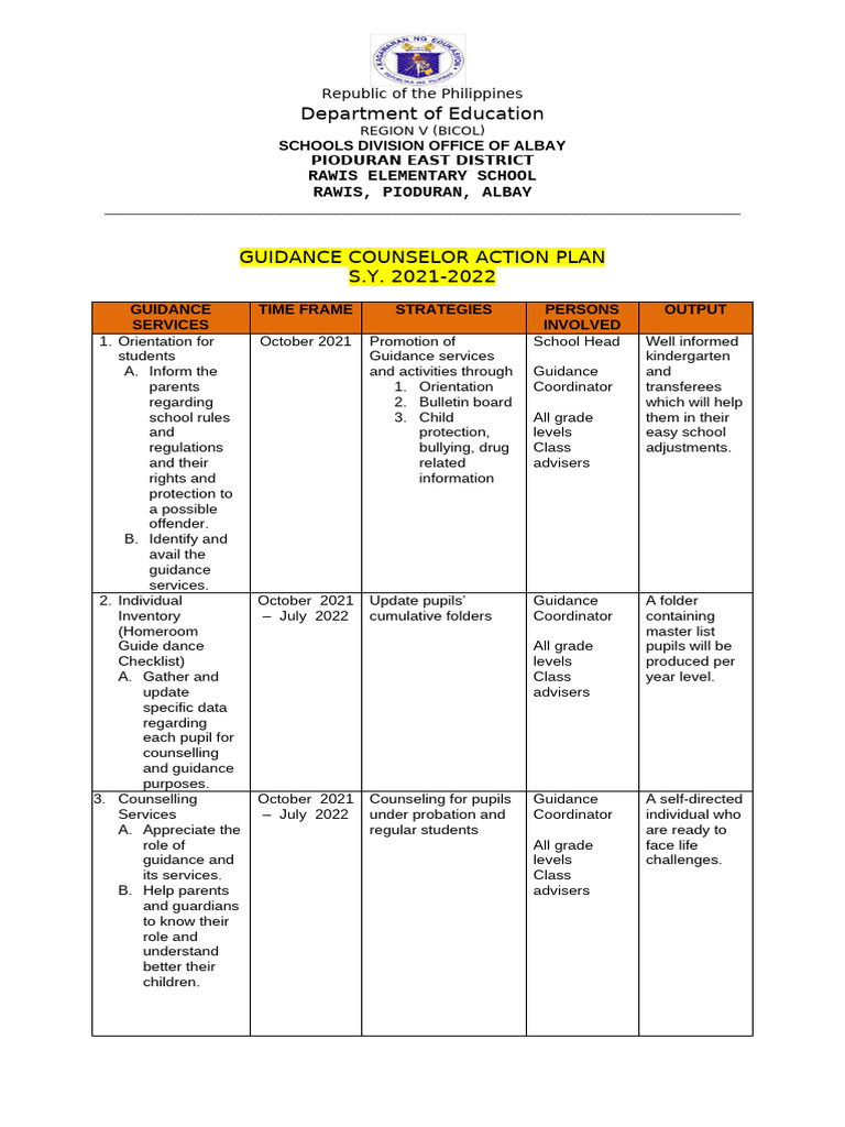 GUIDANCE COUNSELOR ACTION PLAN | PDF