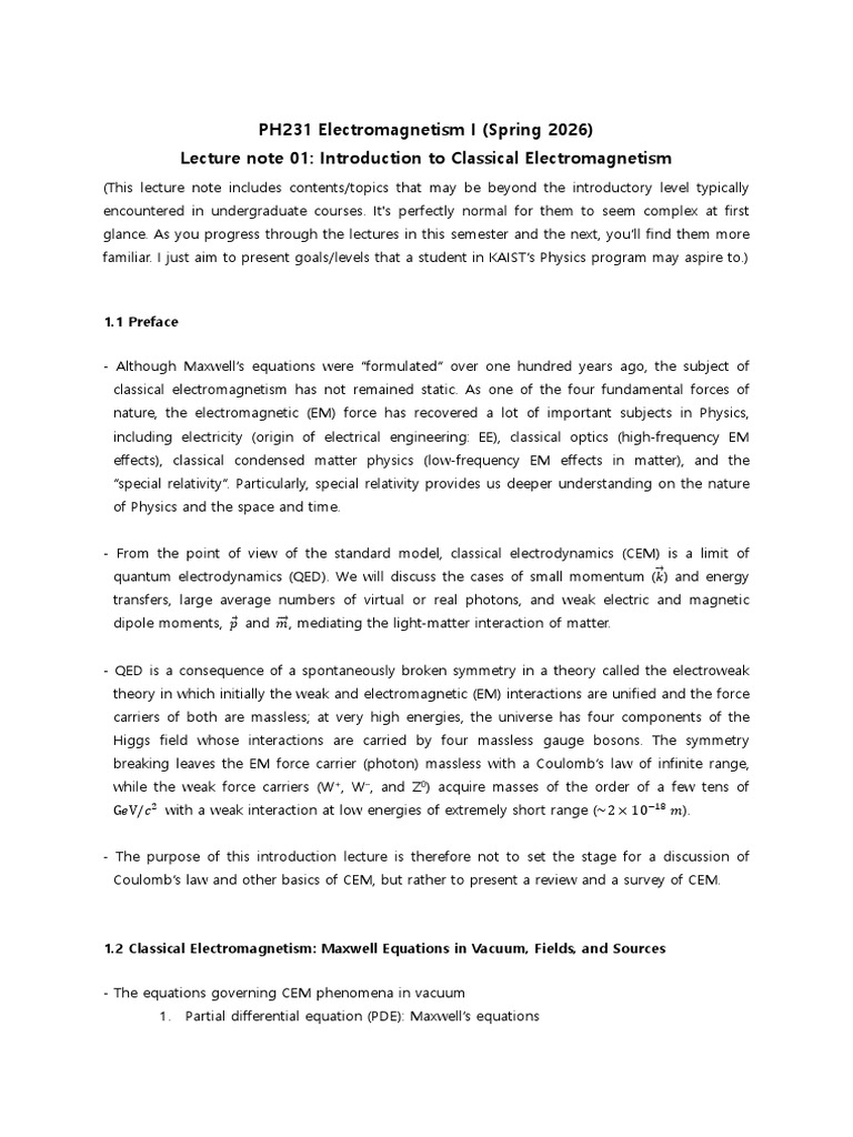 Lecture Note - 01 (Introduction to Classical Electromagnetism) - Typo ...