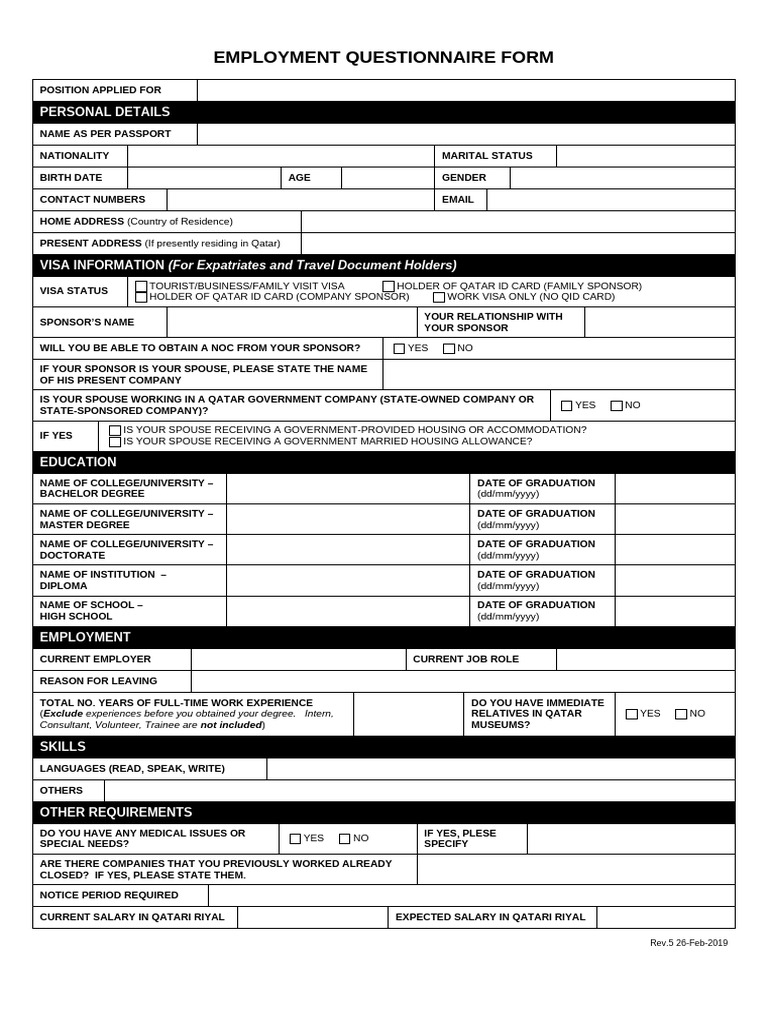 Employment Questionnaire Rev.6 | PDF | Travel Visa | Qatar
