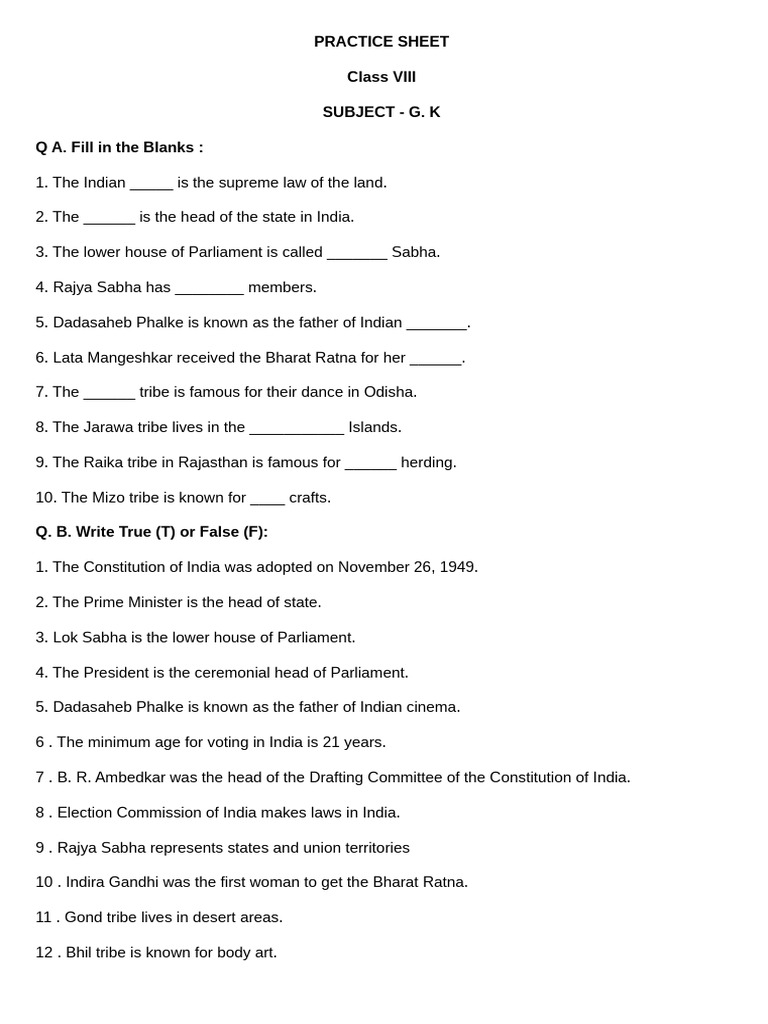 Class 8 Gk Practice Sheet | PDF | Government Of India | Government