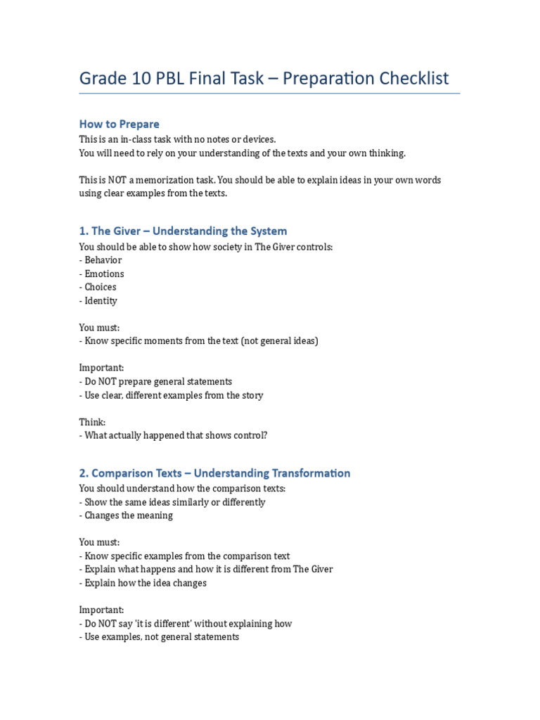 G10 PBL+Final+Task+Preparation+Checklist | PDF | Cognition | Neuroscience