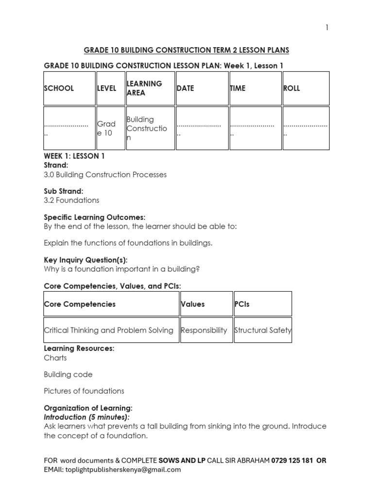 Grade 10 Building Construction Term 2 2026 Lesson Plans | PDF ...
