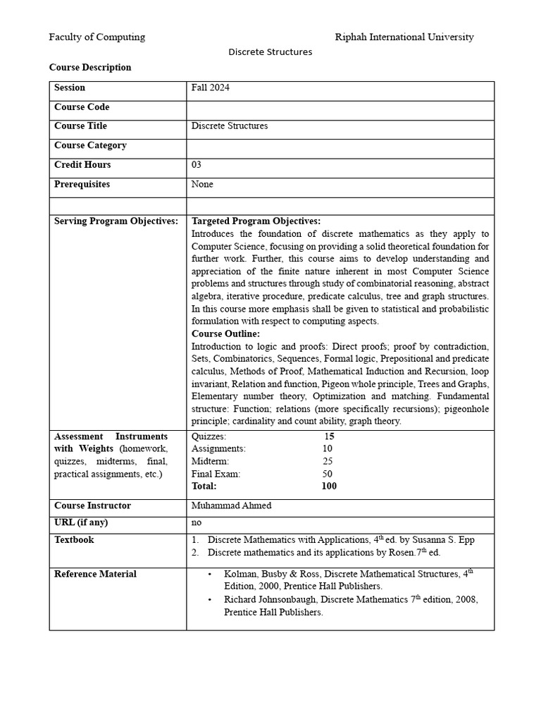 Course Outline- Discrete Structures (1) | PDF | Set (Mathematics ...