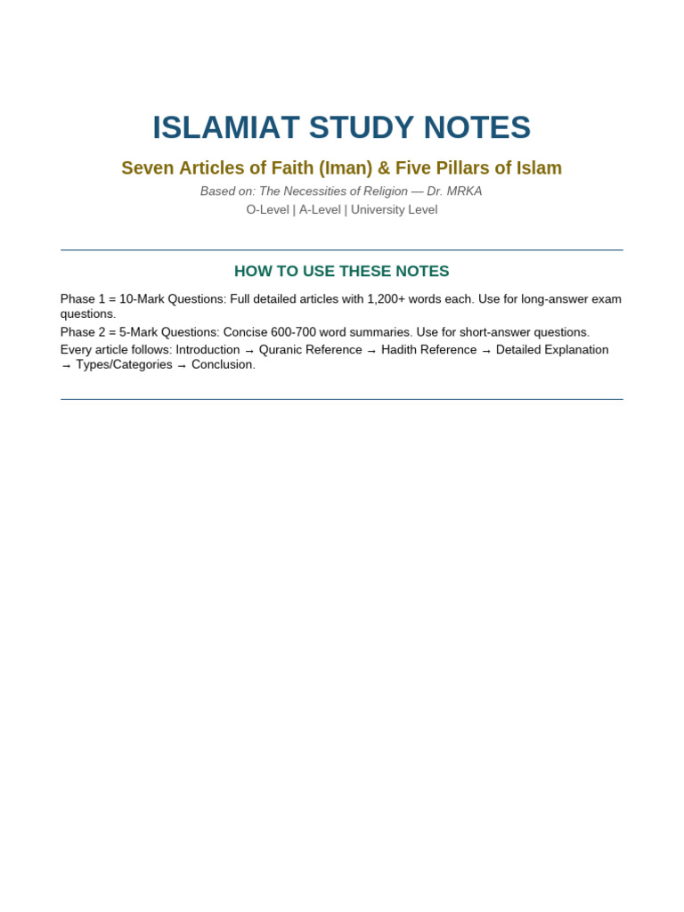 Islamiat Study Notes | PDF | Prophets And Messengers In Islam | Quran