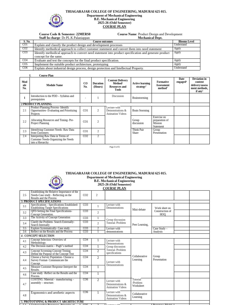 22MERS0 Course Plan2025 (2) | PDF | Engineering | Mechanical Engineering